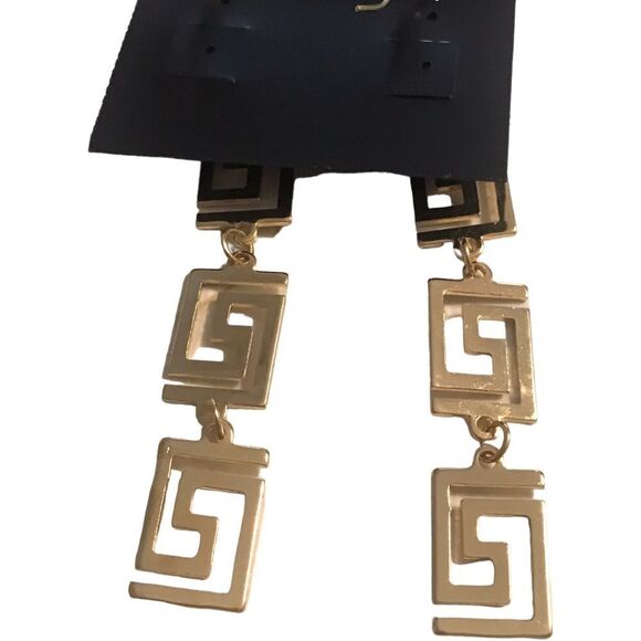 Greek Key Alloy Gold Plated Dangle Drop Earrings - Picture 5 of 9